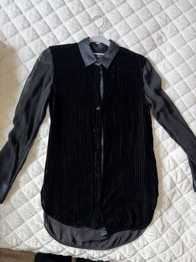 rag & bone Black Velvet Front Blouse with Sheer Sleeves